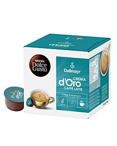 Dallmayr Crema d'Oro Caffè Latte package and capsule for Dolce Gusto